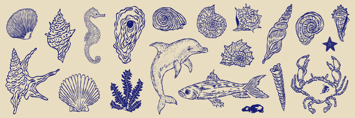 Blue Mediterranean Marine Life Set. Dolphin, Seahorse, Fish, Crab, Seashells for Italy Travel Scrapbook. Hand Drawn Whimsical Line Art Contour Sketch Graphic Elements. Vector Illustration Collection © Marharyta