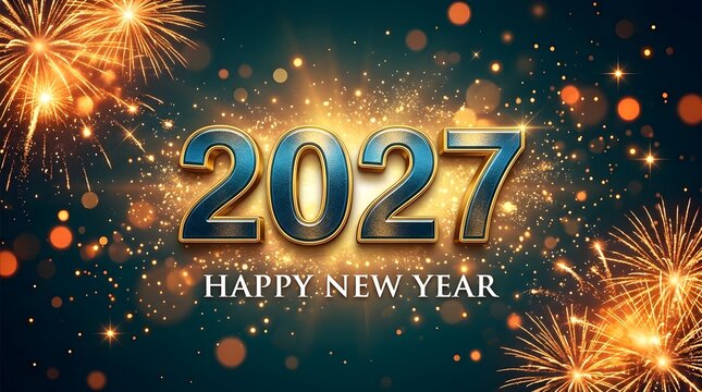 Vibrant Happy New Year 2027 horizontal banner featuring 3D metallic blue and gold numbers surrounded by golden fireworks explosions and sparkling lights on a teal background.