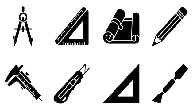 Drafting Tools Including Compass, Ruler, Pencil, Protractor, Caliper, Set Square, and Awl Featuring Design
