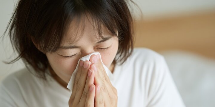 鼻をかむ若い女性