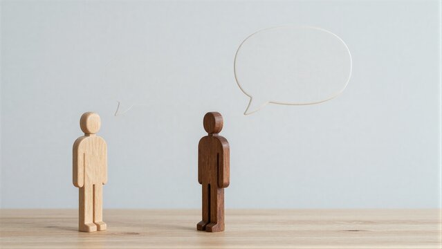 Two wooden figures face each other under a speech bubble, symbolizing communication.