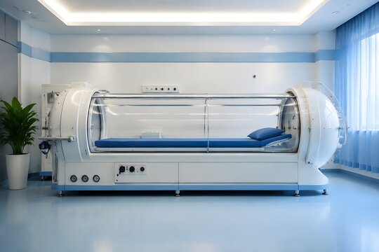 Hyperbaric Oxygen Chamber With Transparent Cylindrical Enclosure in Modern Hospital Treatment Suite Interior Design System