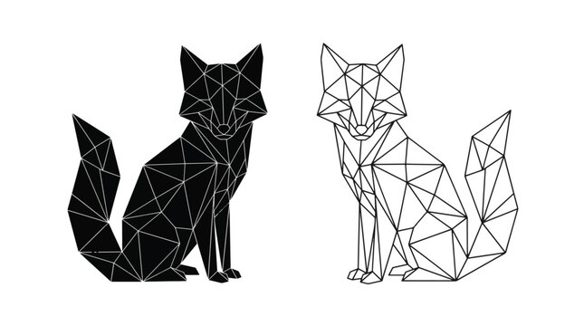 Two geometric fox figures, one black silhouette and one outline, presented in a modern low poly art style