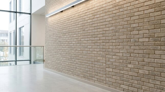 Modern interior brick wall with large window and natural light