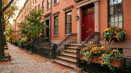 Fototapeta premium Brownstone row house stoop with red double door and autumn planters