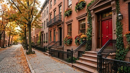 Fototapeta premium Autumn brownstone street with red door ivy and iron railings