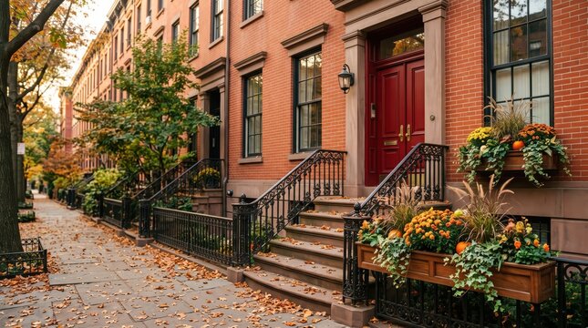 Brownstone row house stoop with red double door and autumn planters