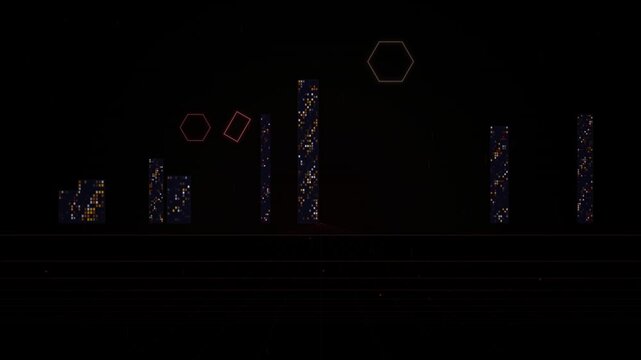 Abstract geometric shapes with glowing lights against a dark background forming a seamless loop