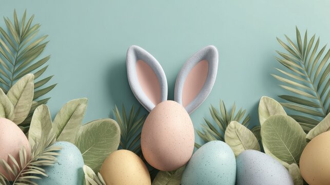Easter egg with bunny ears nestled in tropical leaves on a pastel background for holiday retail and spring seasonal marketing