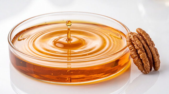 Pecan oil drop falling into petri dish with golden liquid creating circular ripples, cosmetic serum laboratory testing concept