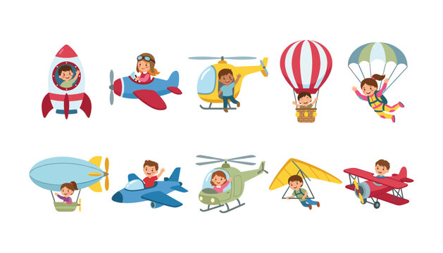 Cute cartoon kids flying transport collection with happy children piloting rocket airplane helicopter blimp glider and parachute vector illustration isolated