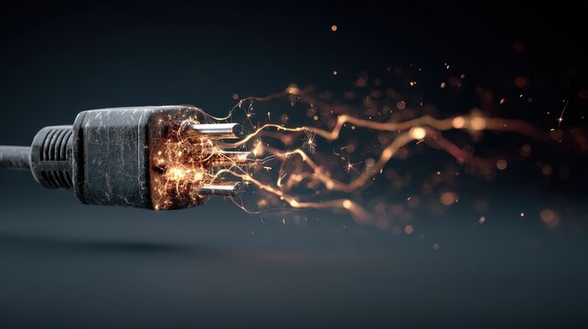 Electrical plug emitting glowing sparks in a dark studio setting with sharp focus macro bokeh for energy and industrial marketing