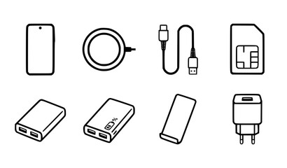 Smartphone accessories icons set with charger cable wireless pad and power bank modern flat vector collection © Rune Veil