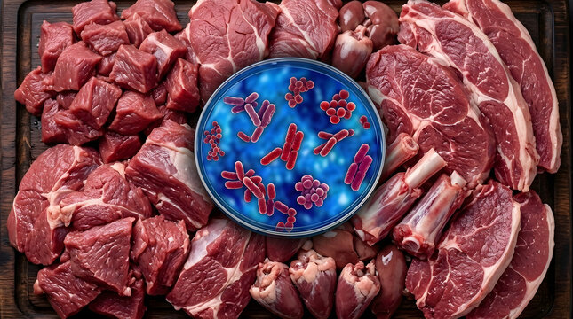 Raw Red Meat Assortment with Petri Dish of Bacteria Showing Food Contamination Risk