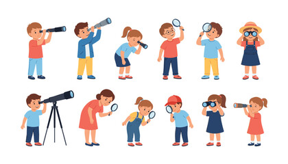 Cute cartoon kids looking through magnifying glass telescope spyglass and binoculars for discovery and education vector illustration isolated