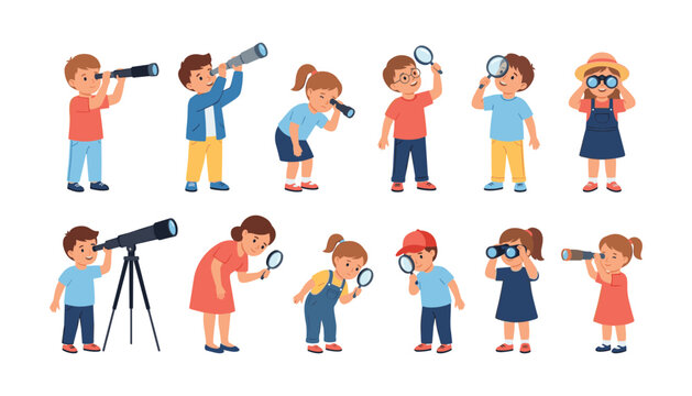 Cute cartoon kids looking through magnifying glass telescope spyglass and binoculars for discovery and education vector illustration isolated