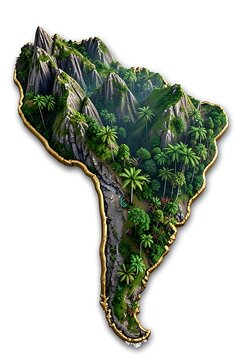 South america map terrain relief showing mountains and green forests