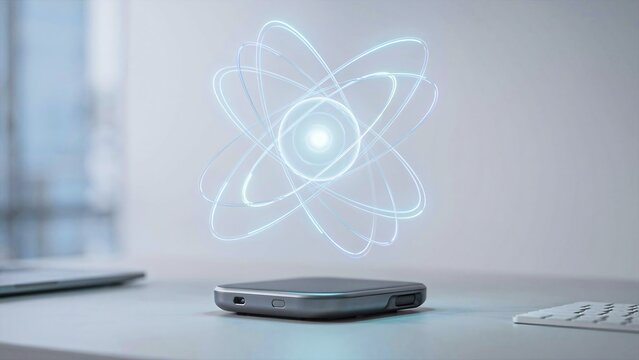 Futuristic atomic hologram above smartphone with quantum computing and science technology concept