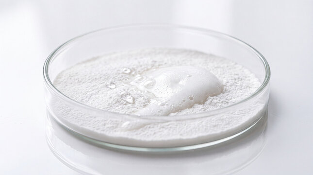 Cosmetic enzyme powder in petri dish reacting with liquid gel activating foam drop, laboratory exfoliating skincare testing