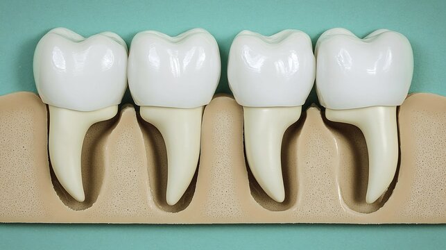 Anatomical dental model showing four teeth with white ceramic crowns placed on a prosthetic gum base for education
