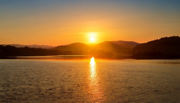 Warm Morning Sun Rising Above Peaceful Water And Distant Hills