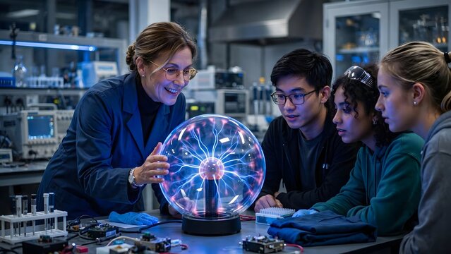 Professor demonstrates plasma globe's electrical phenomenon to diverse group of students in laboratory setting