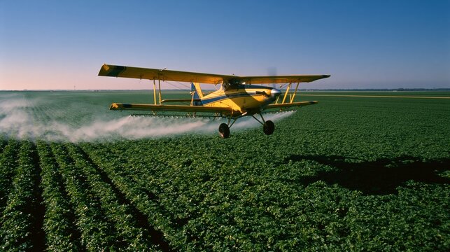 Crop duster plane sweeping low over a field trailing pesticide mist from both wings. Concept of agricultural aerial spraying.