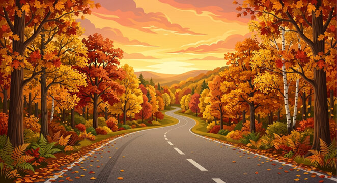 Autumn forest road landscape vector, winding asphalt highway through fall foliage trees, scenic sunset mountain valley background