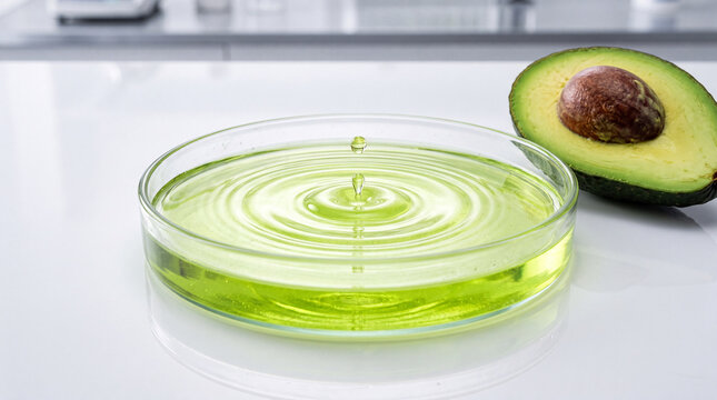Natural avocado oil drop falling into petri dish with green liquid ripple near fresh avocado fruit half on laboratory desk