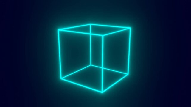 Glowing cyan neon wireframe cube concept in dark blue background, futuristic 3D geometric light structure