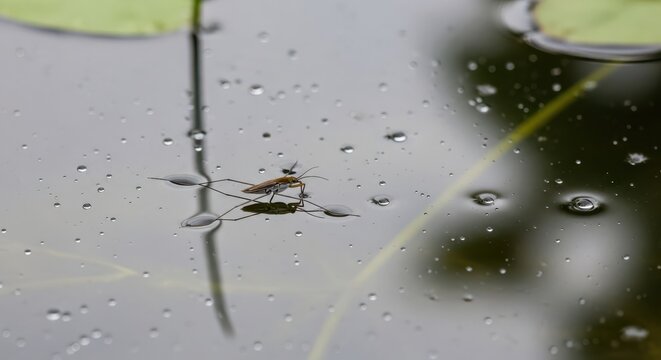 Water strider glides gracefully on water surface with droplets