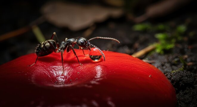 Ant collecting water drop from red surface
