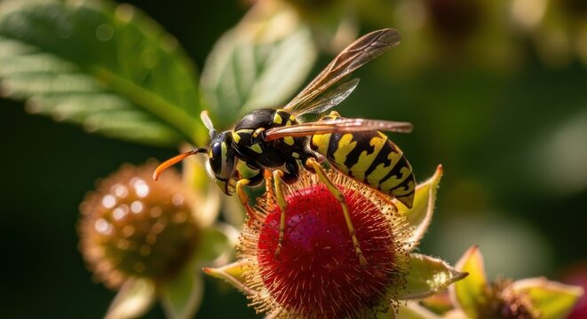 Wasp on Raspberry Flower in Nature Close-up
