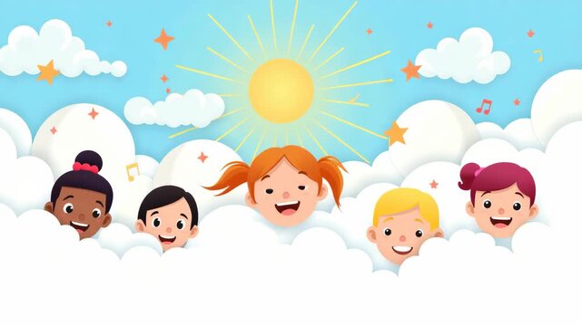 of five joyful kids with fluffy white clouds and a smiling sun in the background. Colorful, cartoon-style artwork perfect for child-themed projects or educational materials.