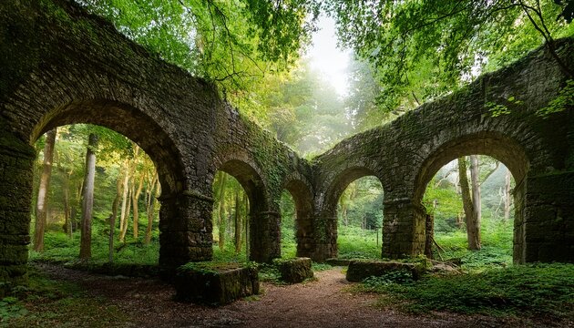 Old Stone Ruins With Arches In A Peaceful Green Forest