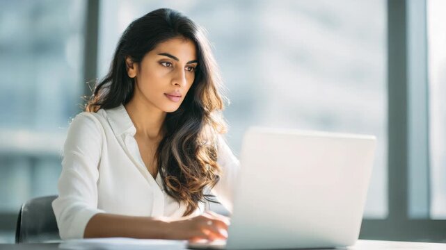 Female professional focusing on computer screen, wearing blazer.