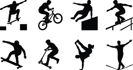 Fototapeta premium Extreme Sports Silhouette Collection Featuring Skateboard BMX Scooter Parkour Breakdance and Slackline Athletes