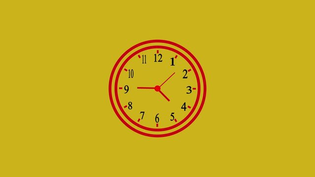 Red analog clock face showing twelve o clock with a circular progress loading bar on a vibrant yellow background for time management and countdown concepts in a simple minimalist design