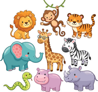 Cute cartoon safari animals vector set featuring happy lion elephant monkey tiger giraffe zebra rhino hippo and snake on white background