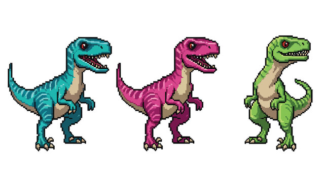 Three colorful pixel art dinosaurs, a teal Tyrannosaurus Rex, a pink Velociraptor, and a green dinosaur, standing side by side.