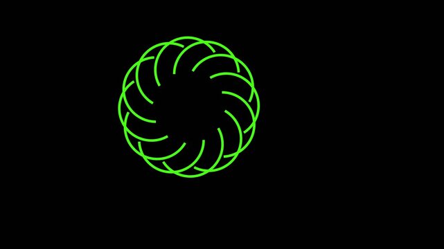 Neon green geometric flower pattern made of thin circular lines isolated on black background for modern graphic design elements and abstract digital art projects or wallpaper textures