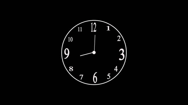 Minimalist white circular clock face with numbers and hands showing time isolated on a dark background for simple graphic design and business scheduling projects