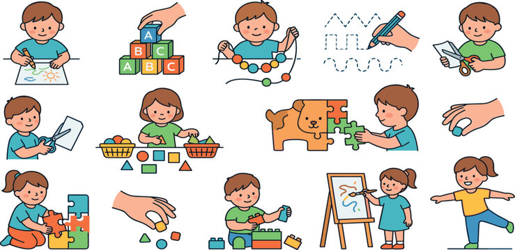 Preschool Fine Motor Skills and Early Education Activity Vector Set Featuring Kids Learning Through Cutting Puzzles Blocks Sorting and Painting for Graphic Material Designs