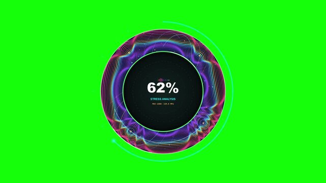 A mesmerizing photonic 4K digital progress circle loading animation featuring a vibrant neon energy ring with sixty two percent status on green screen