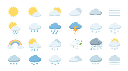 Obraz premium Collection of various weather icons including sun clouds rain snow thunder and rainbow