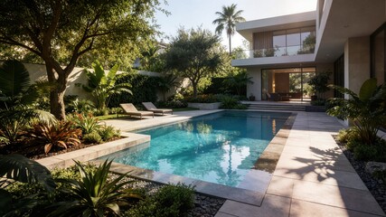 Fototapeta premium Modern luxury villa backyard pool deck surrounded by lush tropical landscaping and palm trees ideal for high end real estate resort marketing