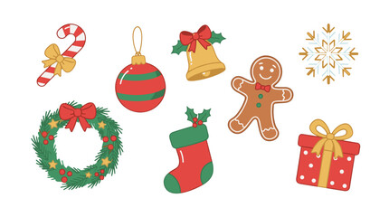 Fototapeta premium Set of colorful christmas holiday icons including wreaths ornaments stockings gingerbread and gift box