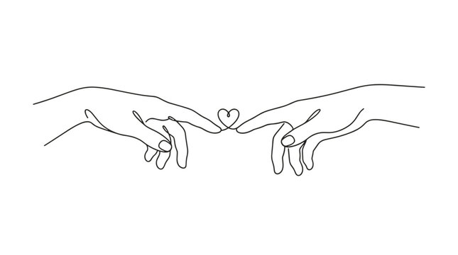 Minimalist line drawing of two hands touching with fingers forming a heart shape
