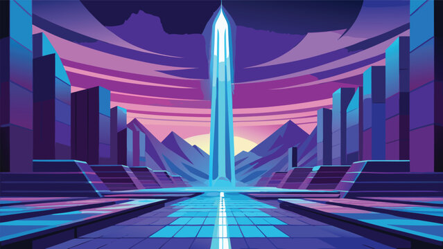 Central futuristic tower in a symmetrical landscape with mountain backdrop futuristic landscape mountains architecture symmetrical building perspective structure monument minimalist