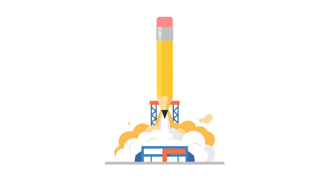 Illustration of a rocket launching into space with flames and smoke
